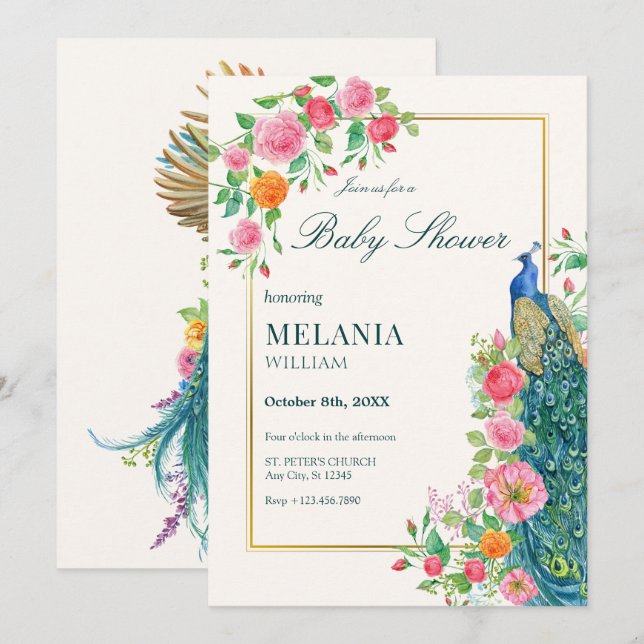 Floral peacock baby shower Invitation (Front/Back)