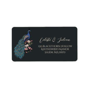 Floral Peacock Black Return Address Label
