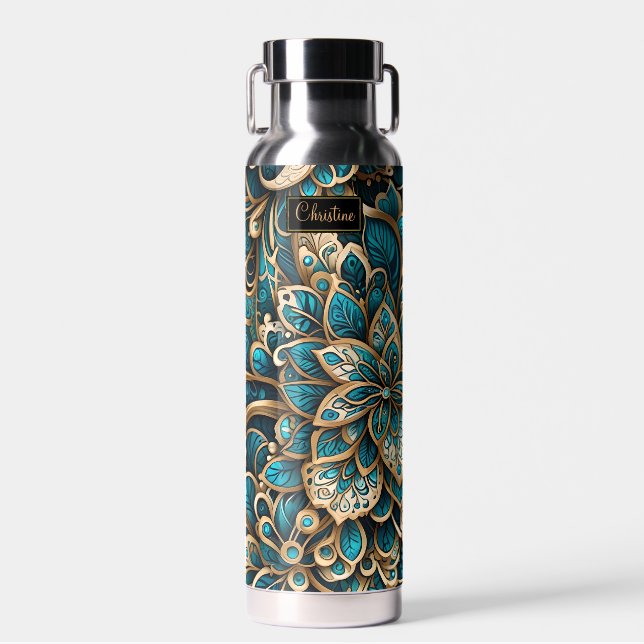 Floral Peacock Blue Mandala Water Bottle (Front)