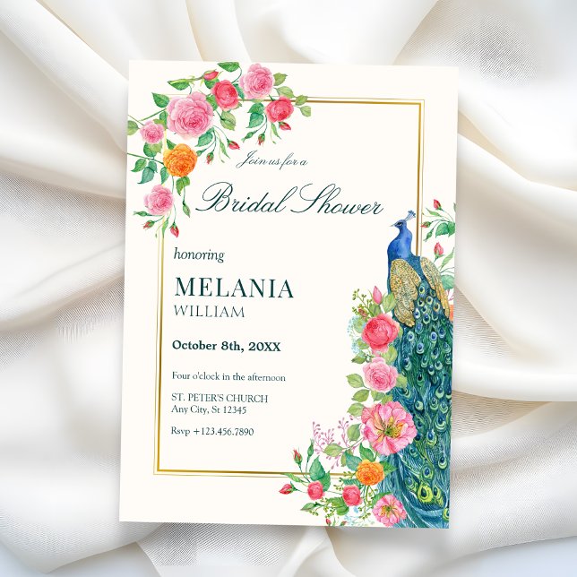 Floral peacock bridal shower Invitation (Creator Uploaded)