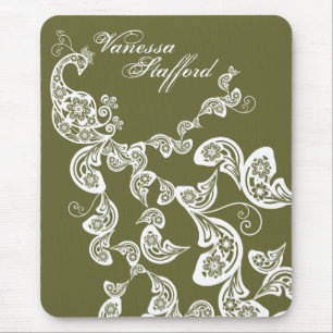 Floral Peacock Pattern White Custom Gift Mousepad