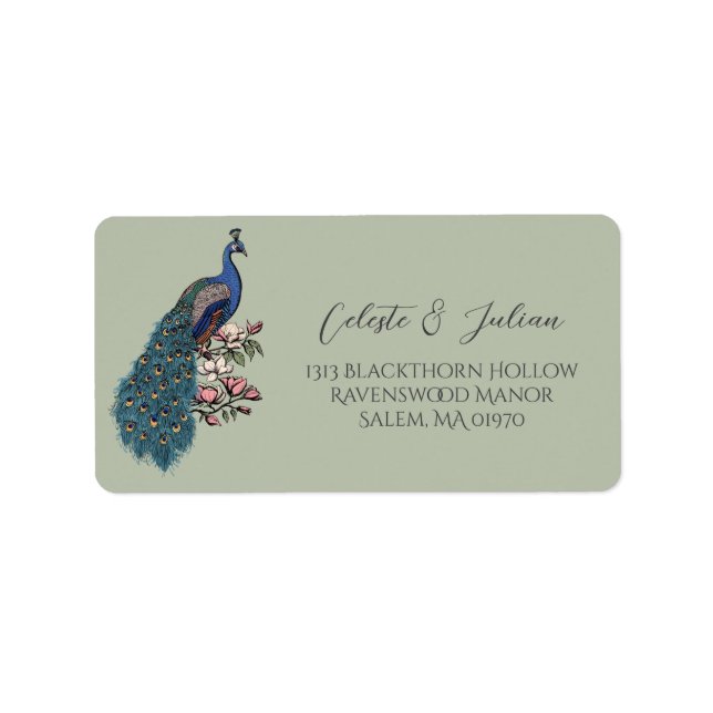 Floral Peacock Sage Green Return Address Label (Front)