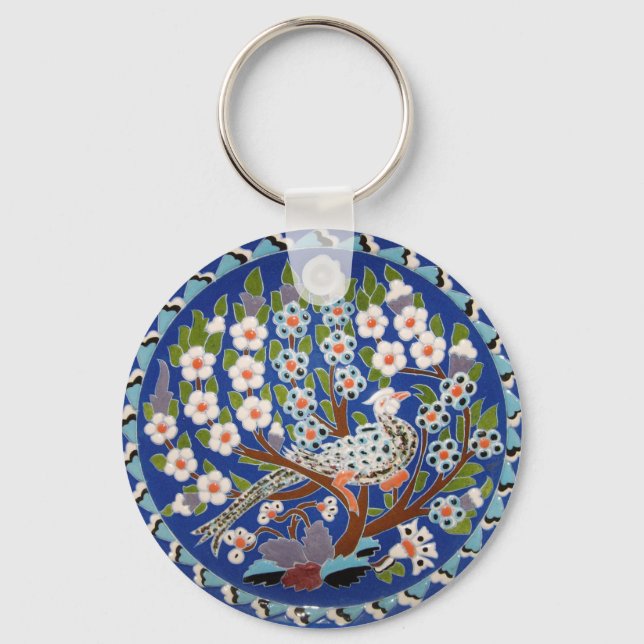 Floral Peacock Tile Art Key Ring (Front)