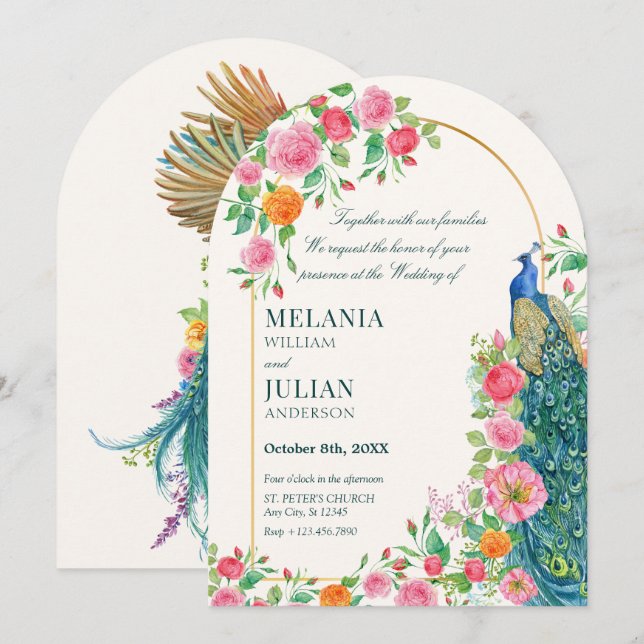 Floral peacock wedding Invitation (Front/Back)
