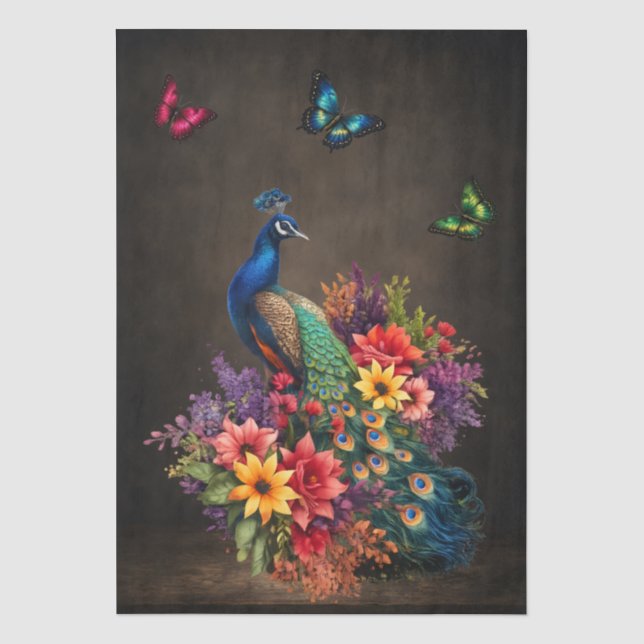 Floral Peacocks & Butterflies Decoupage Tissue Paper (Front)