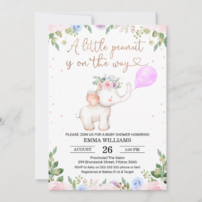Floral Peanut Elephant Baby Shower Invitation (Front)