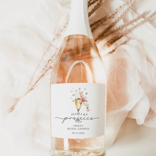 Floral Pearls & Prosecco Bridal Shower Favour Sparkling Wine Label (Creator Uploaded)