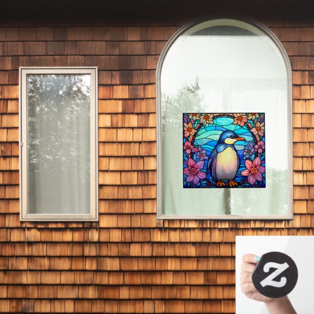 Floral Penguin Bird Colourful Faux Stained Glass Window Cling (Home Window)