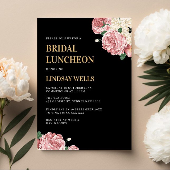 Floral Peonies and Roses on Black Bridal Luncheon Invitation (Creator Uploaded)
