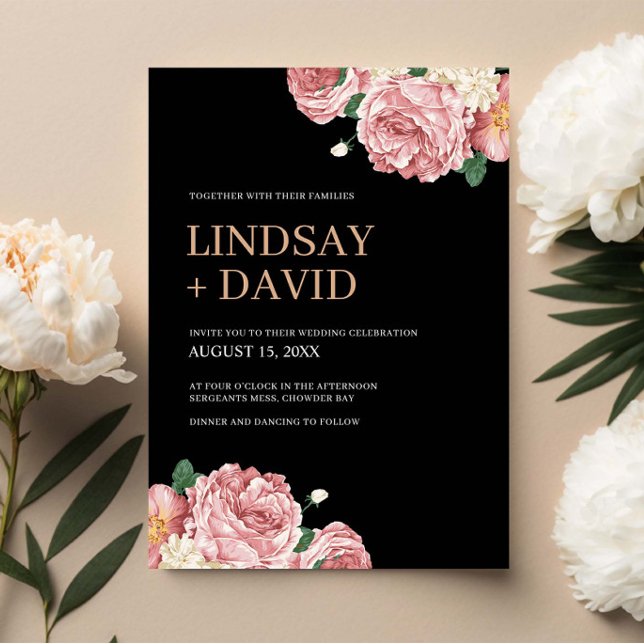Floral Peonies and Roses on Black Wedding Invitation (Creator Uploaded)