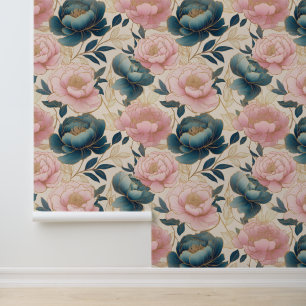 Floral Peonies Blue Pink Gold on Cream Wallpaper