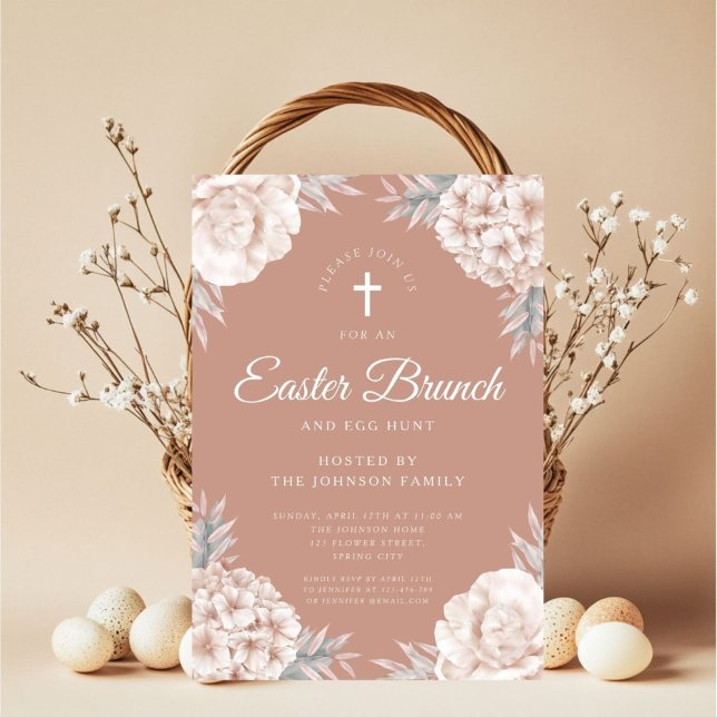 Floral Peonies Religious Cross Easter Brunch Invitation (Floral Peonies Religious Cross Easter Brunch Invitation)