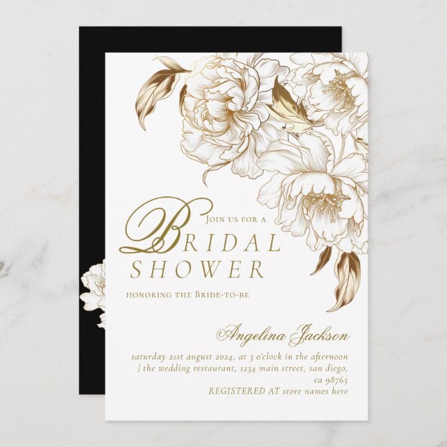 Floral Peonies White Golden Elegant Bridal Shower Invitation (Front/Back)