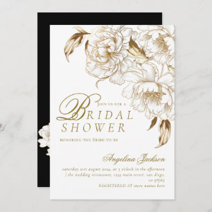 Floral Peonies White Golden Elegant Bridal Shower Invitation