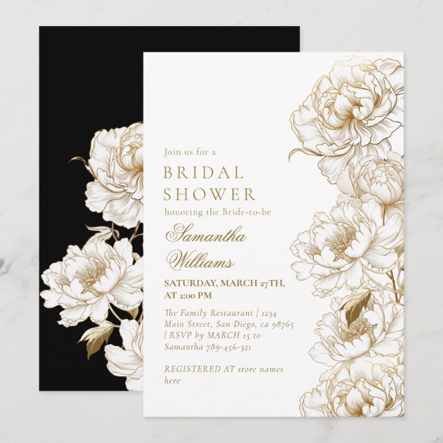 Floral Peonies White Golden Elegant Bridal Shower Invitation (Front/Back)