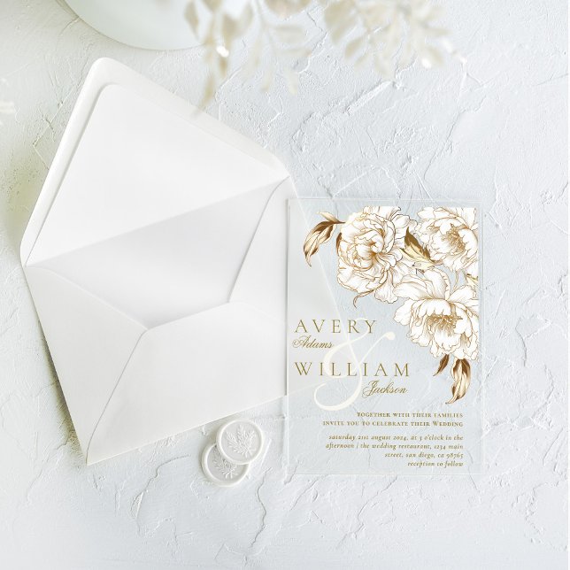 Floral Peonies White Golden Elegant Wedding Acrylic Invitations (Creator Uploaded)