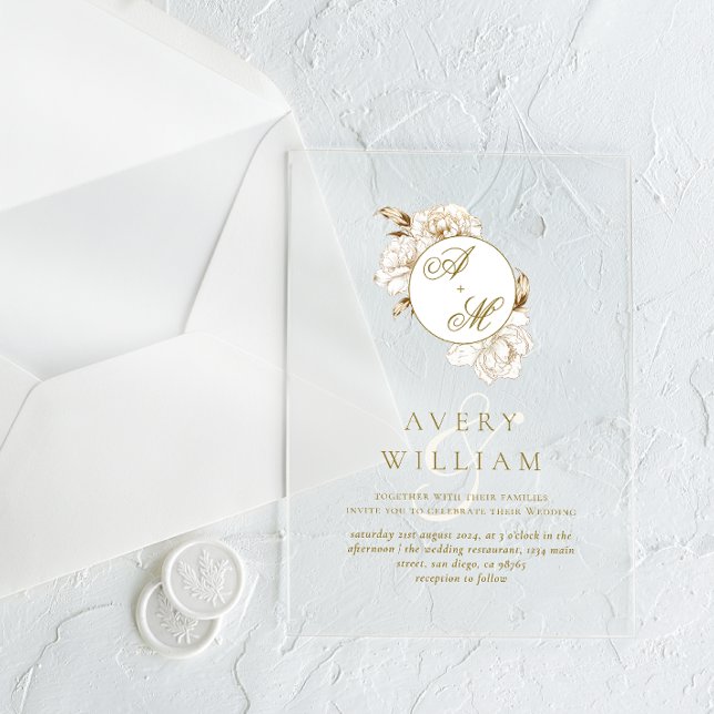 Floral Peonies White Golden Monogram Wedding Acrylic Invitations (Creator Uploaded)