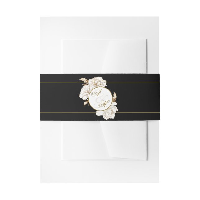 Floral Peonies White Golden Monogram Wedding Invitation Belly Band (Front Example)