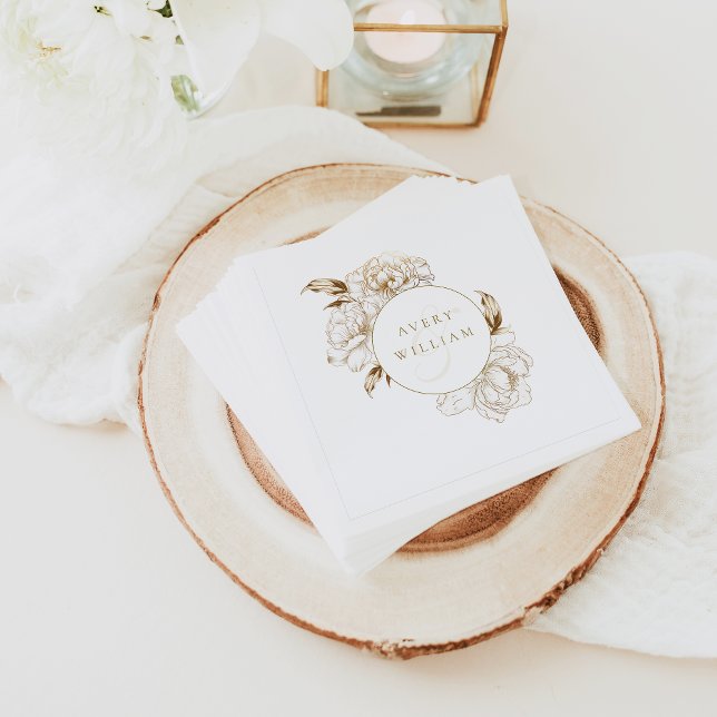 Floral Peonies White Golden Monogram Wedding Napkin (Creator Uploaded)