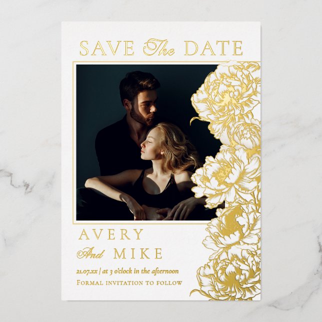 Floral Peonies White Golden Photo Save The Date (Front)