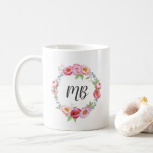 Floral peonies wreath watercolor Monogram mug