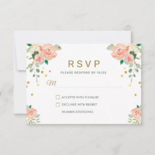 Floral Peony and Gold Confetti Classy Elegant Chic RSVP Card