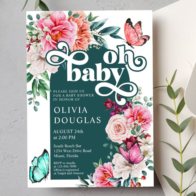 Floral Peony Butterfly Baby Girl Shower Invitation (Creator Uploaded)