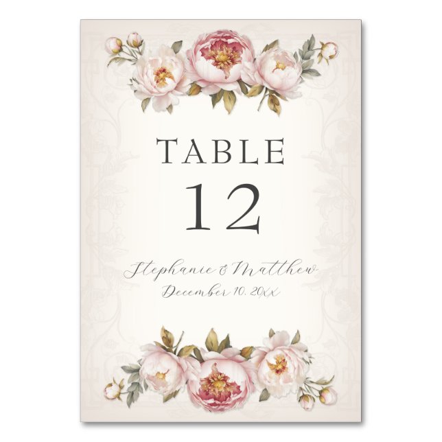 Floral Peony Elegant Blush Pink Ivory Wedding Table Number (Front)