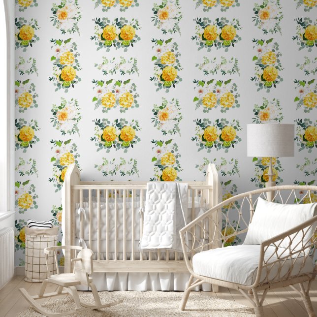 Floral Peony Hydrangea Yellow Green Foliage Wallpaper (Kids)