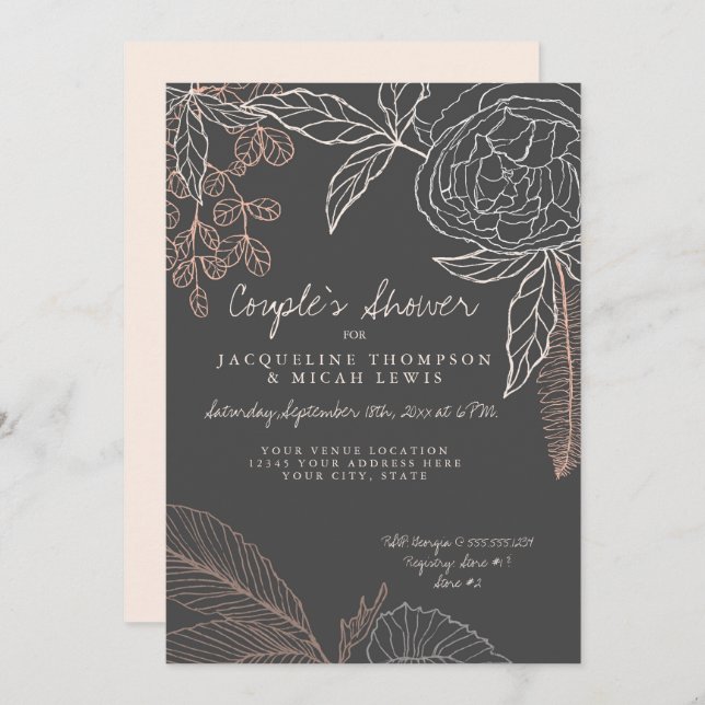 Floral Peony Leaf Line Art Charcoal Couples Shower Invitation (Front/Back)
