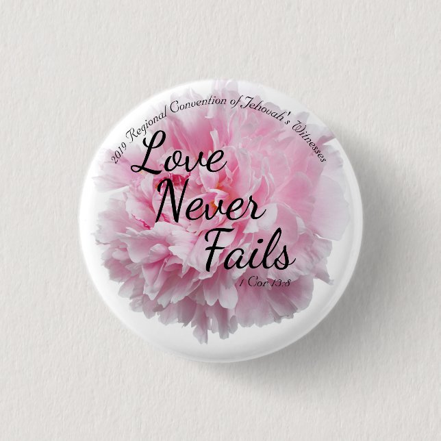 Floral Peony Love Never Fails 2019 JW Convention 3 Cm Round Badge (Front)