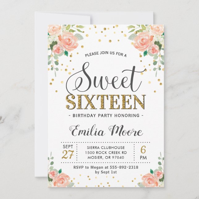 Floral Peony Peach Sweet Sixteen 16 Girl Birthday Invitation (Front)