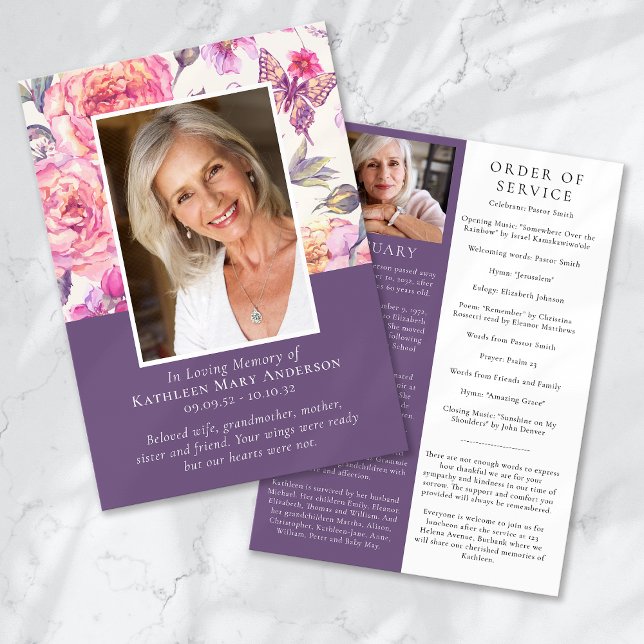Floral Peony Photo Memorial Service Program Invitation (Creator Uploaded)