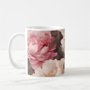 Floral Peony Pink and White Coffee Mug