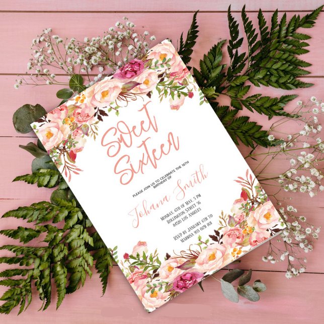 Floral Peony Pink Blush Sixteen Birthday Invitation (Creator Uploaded)