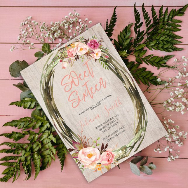 Floral Peony Rustic 16 Sweet Sixteen Birthday Invitation (Creator Uploaded)