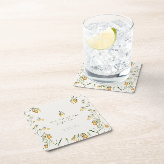 Floral perfect pear bridal shower square paper coaster (Insitu)