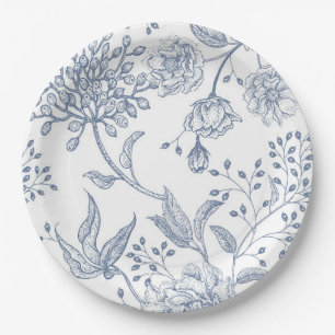 Floral Periwinkle Blue Elegant Wedding Shower Paper Plate