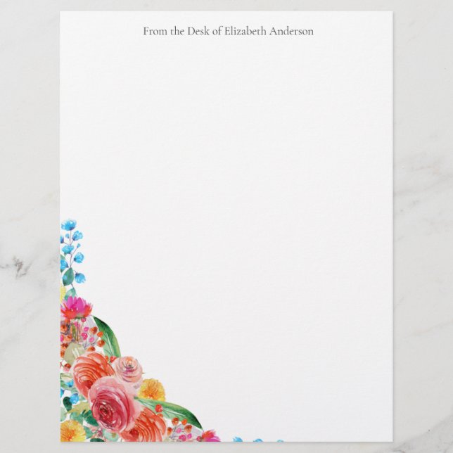 Floral Personal Business Pink Red Blue Yellow Custom Letterhead (Front)