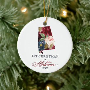 Floral Personalised 1st Christmas In Alabama State Ceramic Tree Decoration