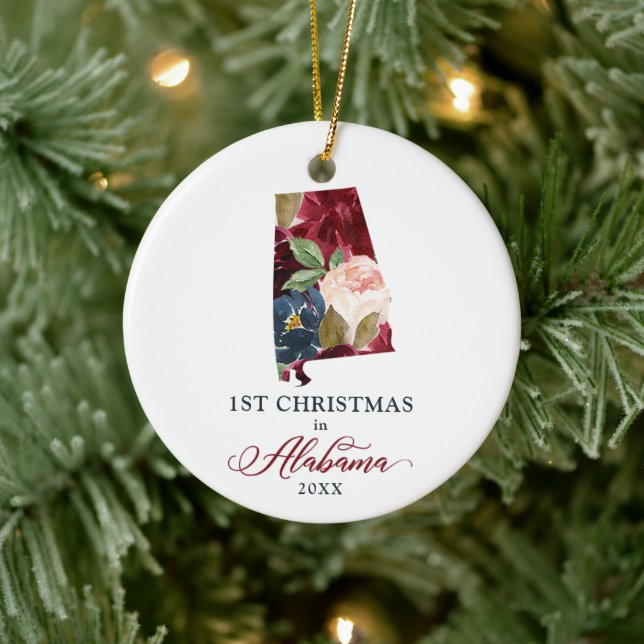 Floral Personalised 1st Christmas In Alabama State Ceramic Tree Decoration (Tree)