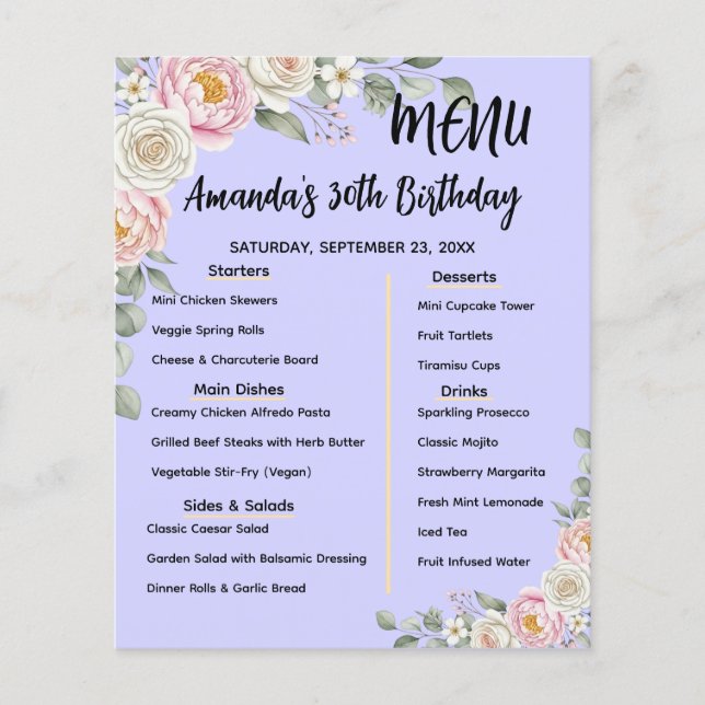Floral Personalised Birthday Menu Program Card (Front)