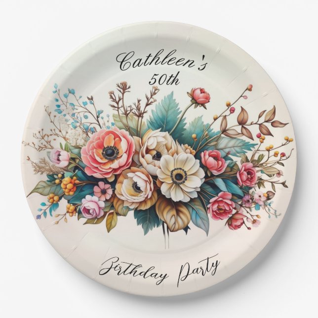 Floral Personalised Birthday Party Plate (Front)