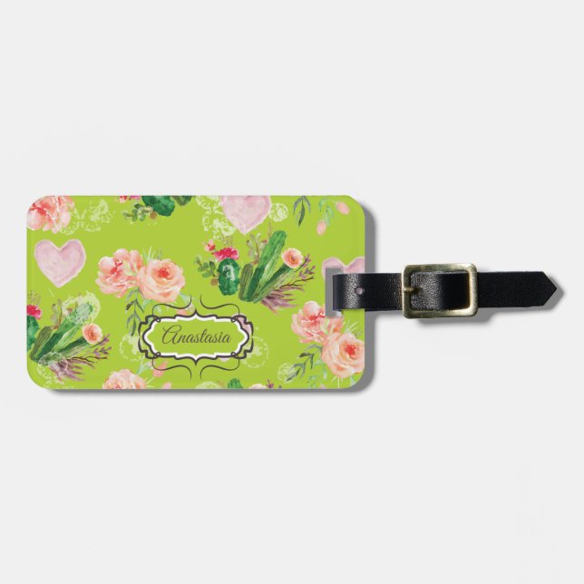 Floral Personalised Cactus Luggage Tag (Front Horizontal)