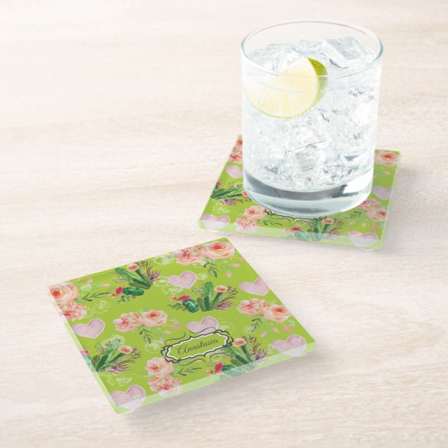 Floral Personalised Cactus watercolor Glass Coaster (Angled)