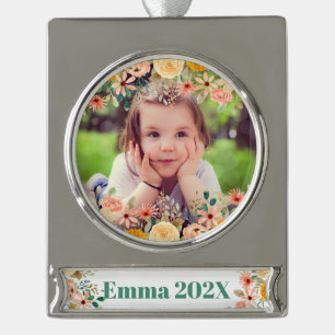 Floral Personalised Daughter Son Grandchild Photo Silver Plated Banner Ornament