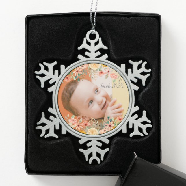 Floral Personalised Daughter Son Grandchild Photo Snowflake Pewter Christmas Ornament (Box)