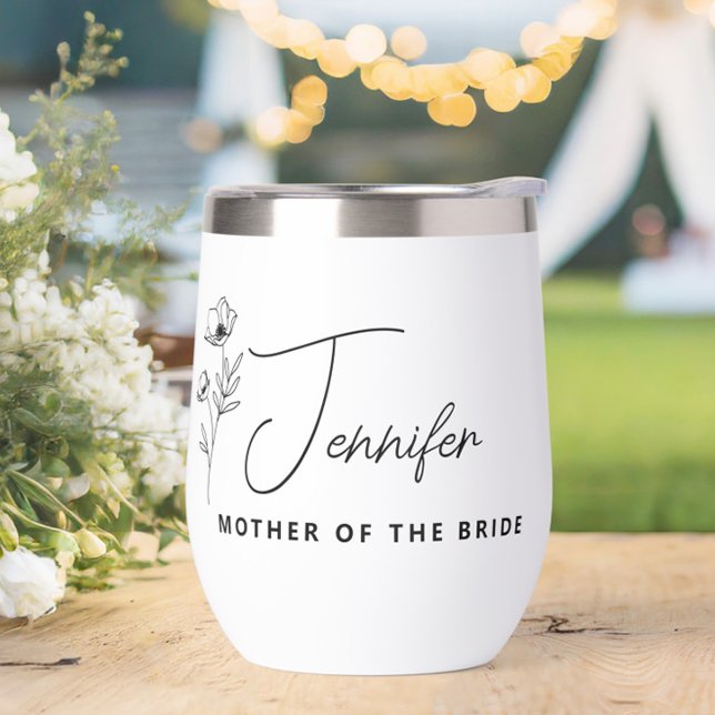 Floral Personalised Mother of the Bride Groom  (mother of the bride,wine tumbler with name,wildflower floral stemless wine glass,)