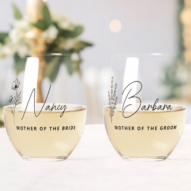 Floral Personalised Mother of the Bride Groom  Stemless Wine Glass (Simple Modern Mother of the Bride Floral Stemless Glass, Mother of the Groom Gift, Wedding Party Set)