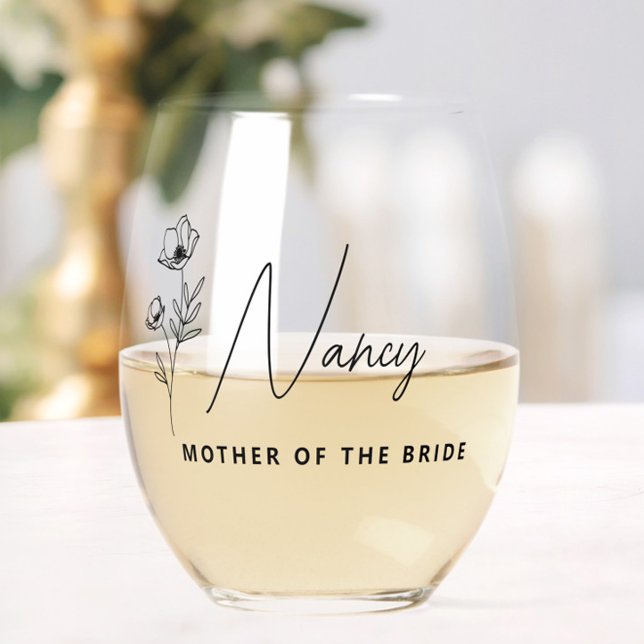 Floral Personalised Mother of the Bride Groom  Stemless Wine Glass (Simple Modern Mother of the Bride Floral Stemless Glass, Mother of the Groom Gift, Wedding Party Set)